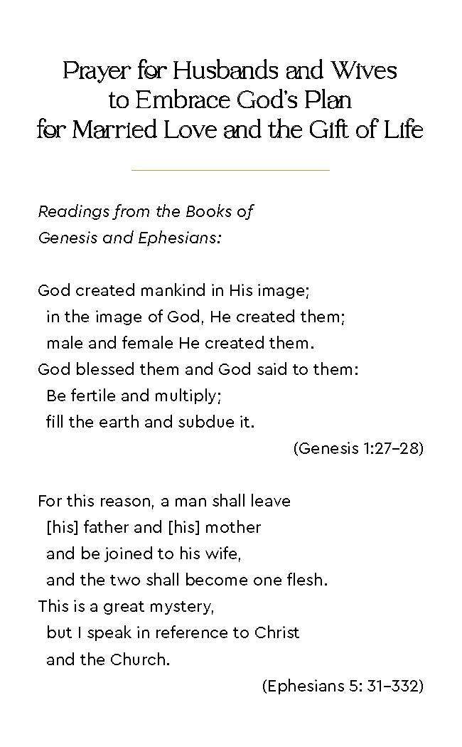 Prayer Card: "Prayer for Husbands and Wives to Embrace God’s Plan for Married Love and the Gift of Life" (Packs of 25)
