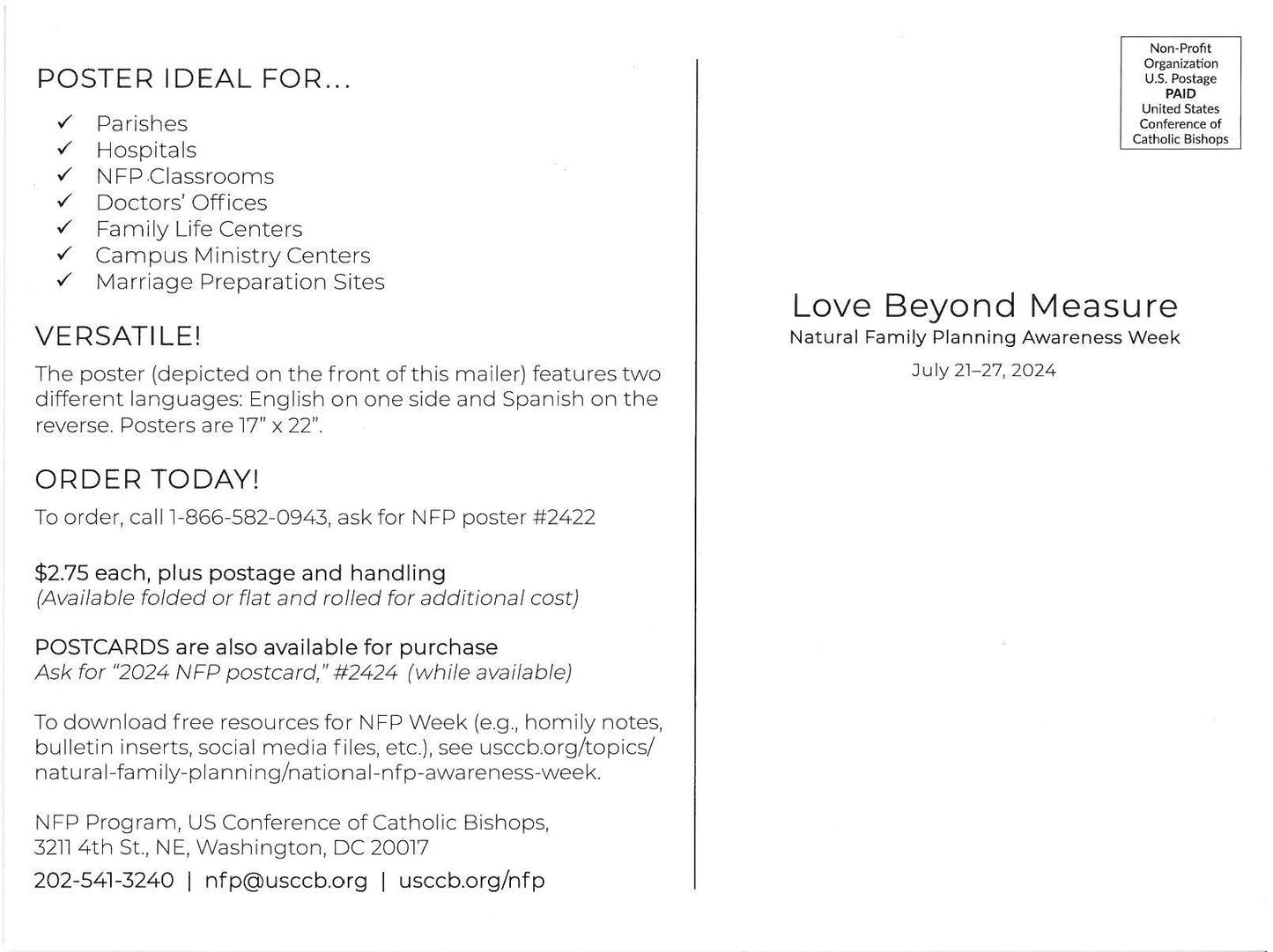 NFP Week Postcard - 2024: "Love Beyond Measure" (Pack of 10)
